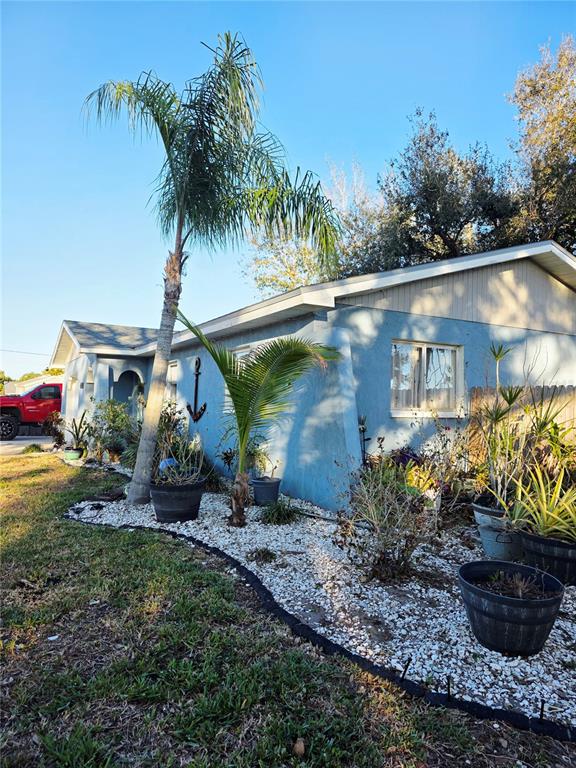 A blue house exterior features a tall palm tree and potted plants in a rock garden — 441 CORONADO ROAD, VENICE, FL