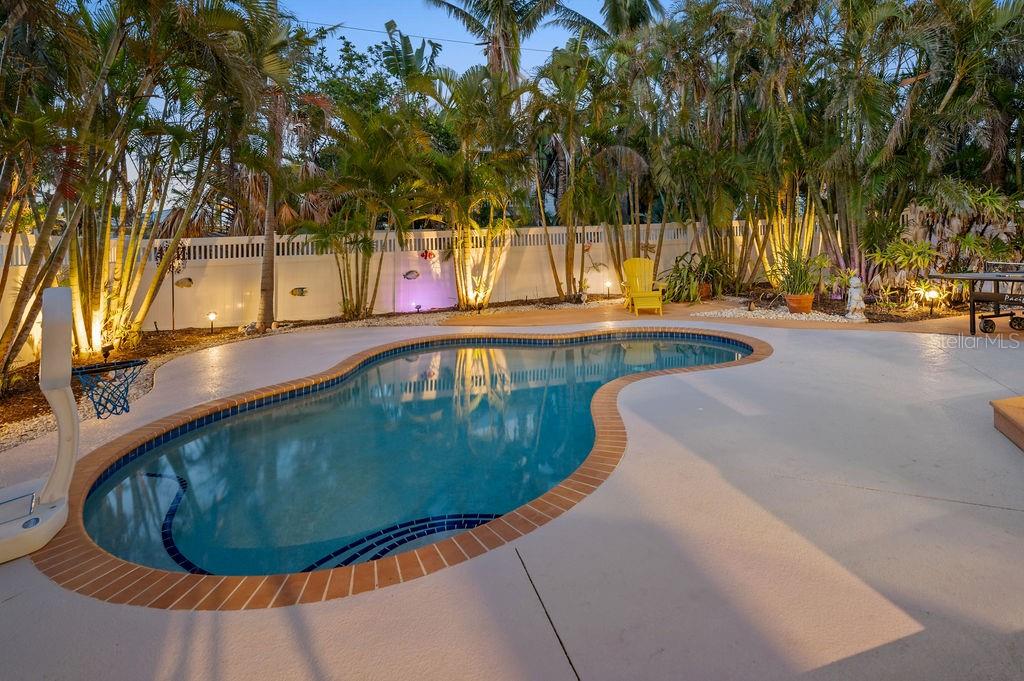 A kidney-shaped swimming pool sits in a backyard surrounded by palm trees and a fence — 704 GLADIOLUS STREET, ANNA MARIA, FL