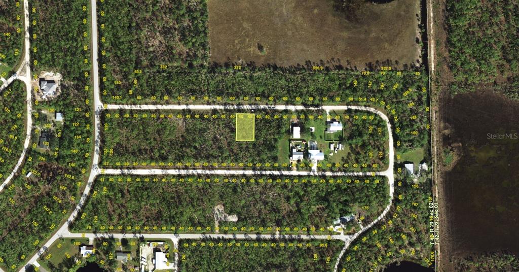 This is an aerial map showing a rectangular lot highlighted in yellow within a subdivision — 12193 CARAVAN DRIVE, PUNTA GORDA, FL