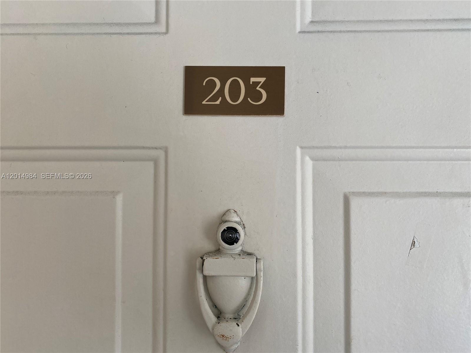 A white door features a brown sign with the number 203 and a door knocker — 18820 NW 57th Ave # 203, Hialeah FL 33015, HIALEAH, FL