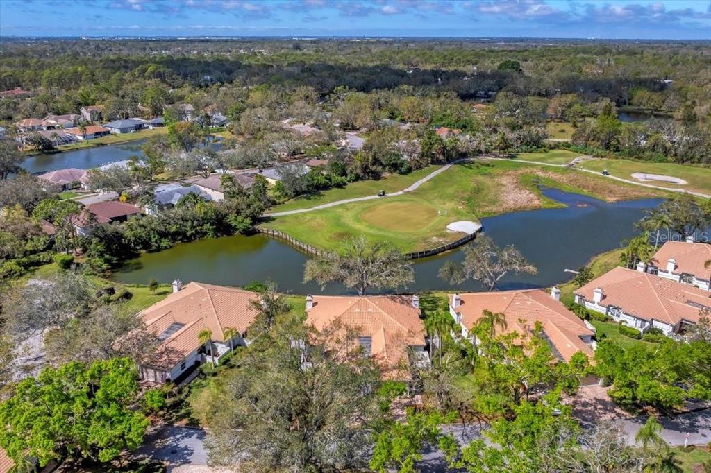 An aerial view shows residential townhomes situated along a golf course pond and green — 3881 CHATSWORTH GREENE COURT UNIT 20, SARASOTA, FL