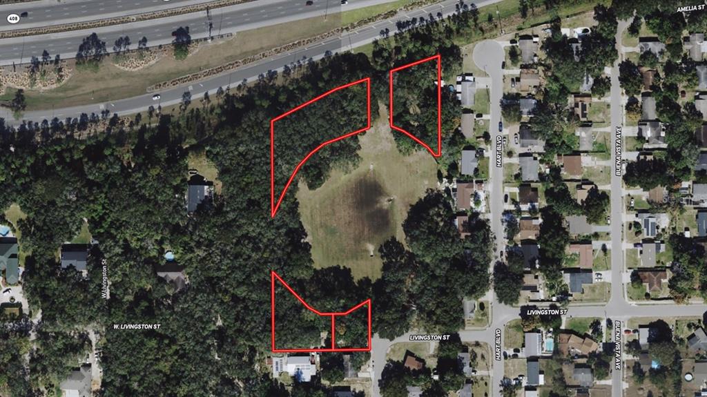 An aerial map shows several wooded land parcels outlined in red near residential streets — 481 N LANCELOT AVENUE, ORLANDO, FL