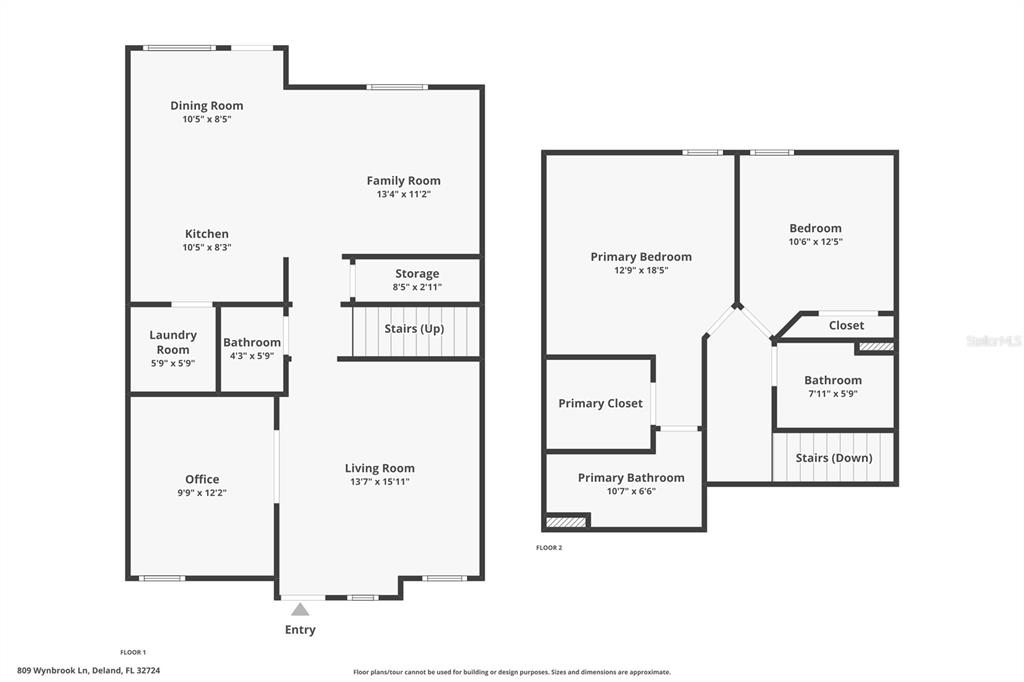 This is a two-story floor plan showing the layout of rooms and stairs — 809 WYNBROOK LANE, DELAND, FL