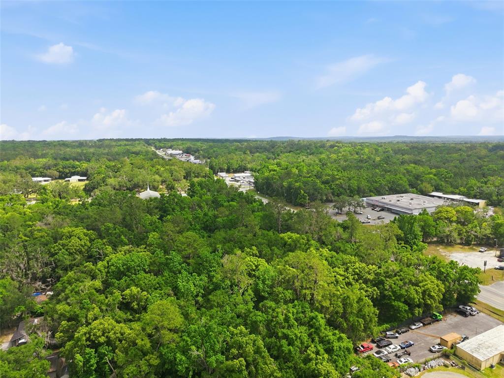 An aerial view shows a wooded area with a commercial building and parking lot nearby — PONCE DE LEON BOULEVARD, BROOKSVILLE, FL