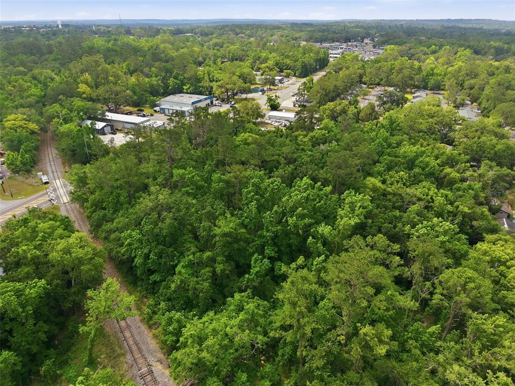 An aerial view shows a dense, wooded lot adjacent to railroad tracks and commercial buildings — PONCE DE LEON BOULEVARD, BROOKSVILLE, FL