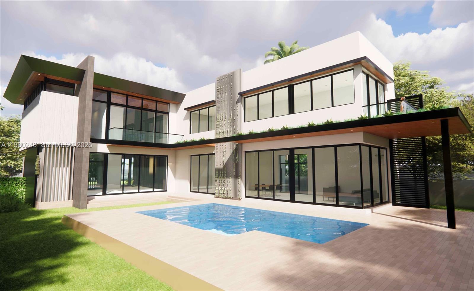 This is a rendering of a modern two-story house with a pool and patio — 739 NE 111th St, Biscayne Park FL 33161, BISCAYNE PARK, FL