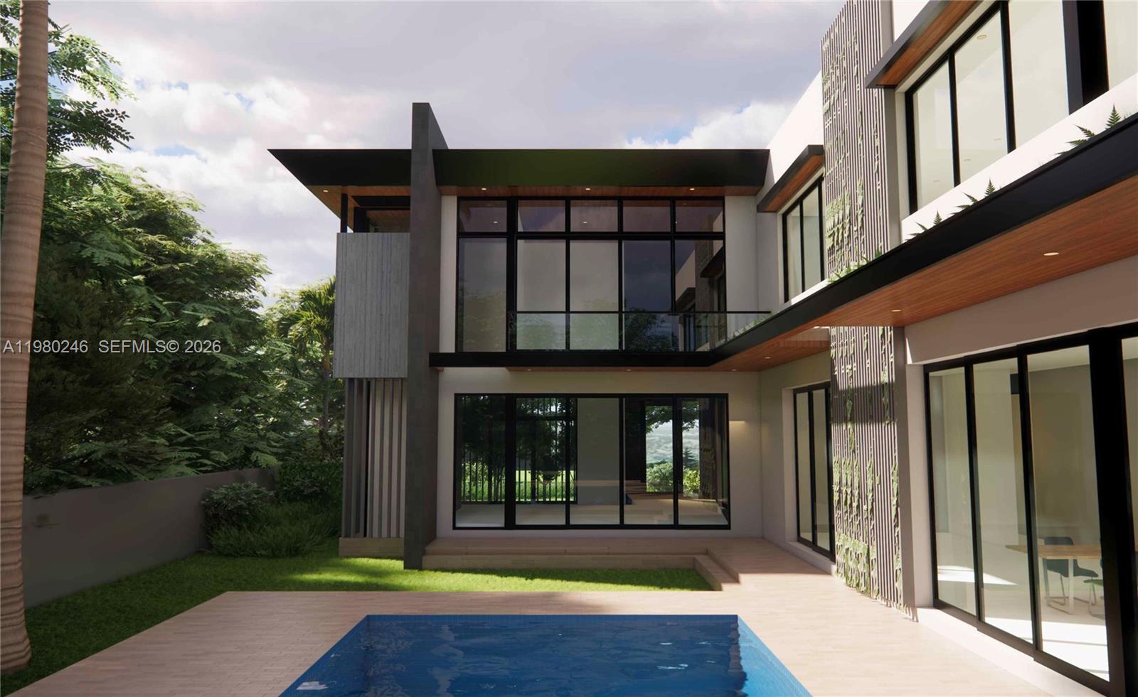 This architectural rendering shows the exterior of a modern two-story home with a swimming pool — 739 NE 111th St, Biscayne Park FL 33161, BISCAYNE PARK, FL