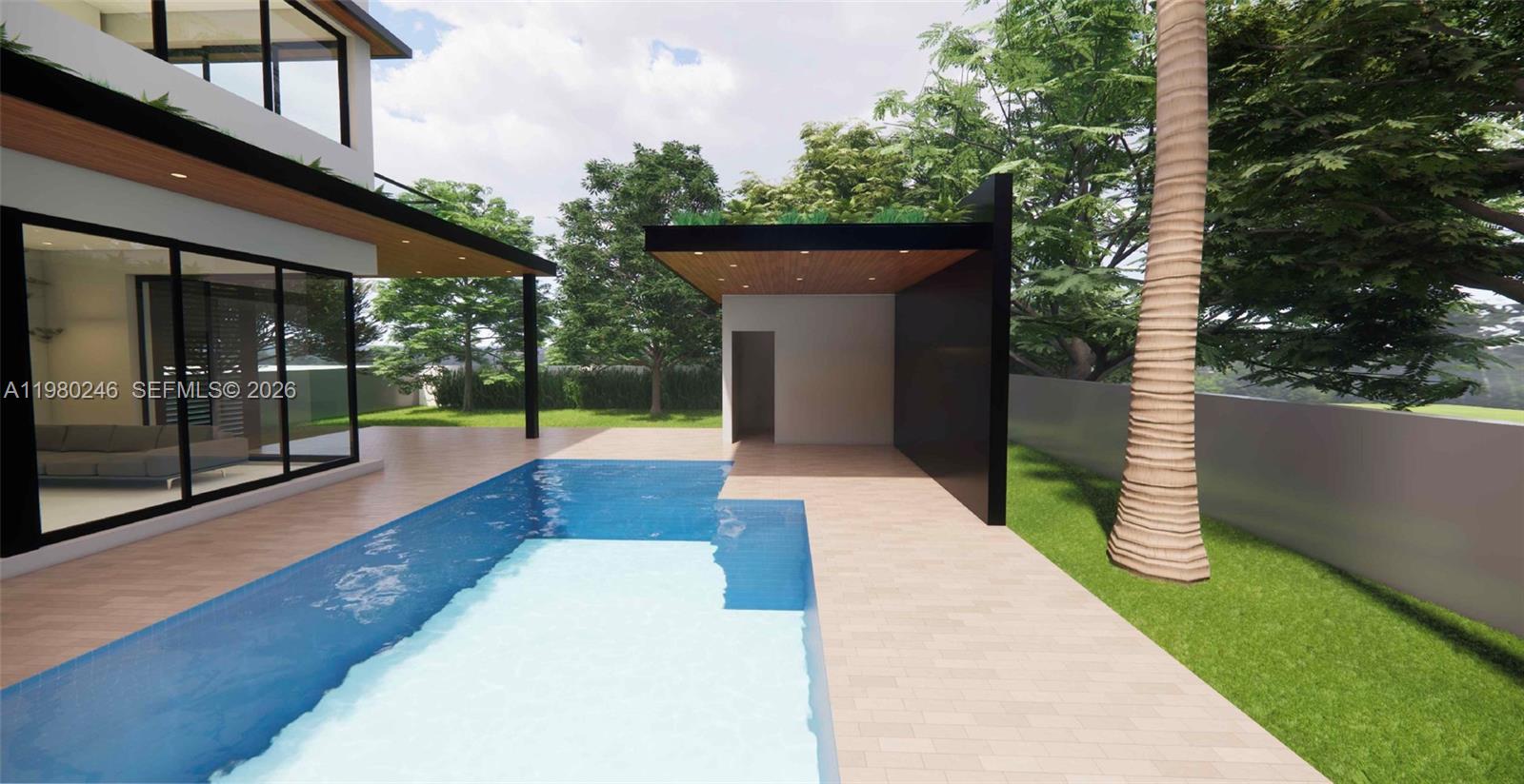 This is a rendering of a modern backyard featuring a swimming pool and covered patio — 739 NE 111th St, Biscayne Park FL 33161, BISCAYNE PARK, FL