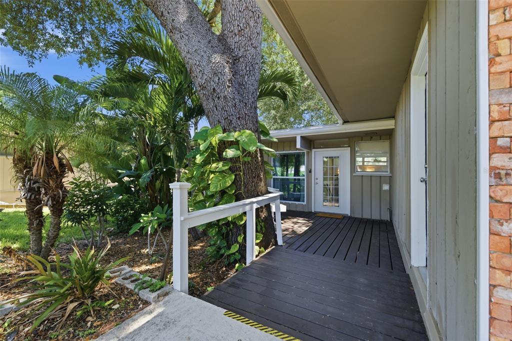 A wooden deck leads to a white door alongside a large tree and brick wall — 1918 BYRAM DRIVE, CLEARWATER, FL