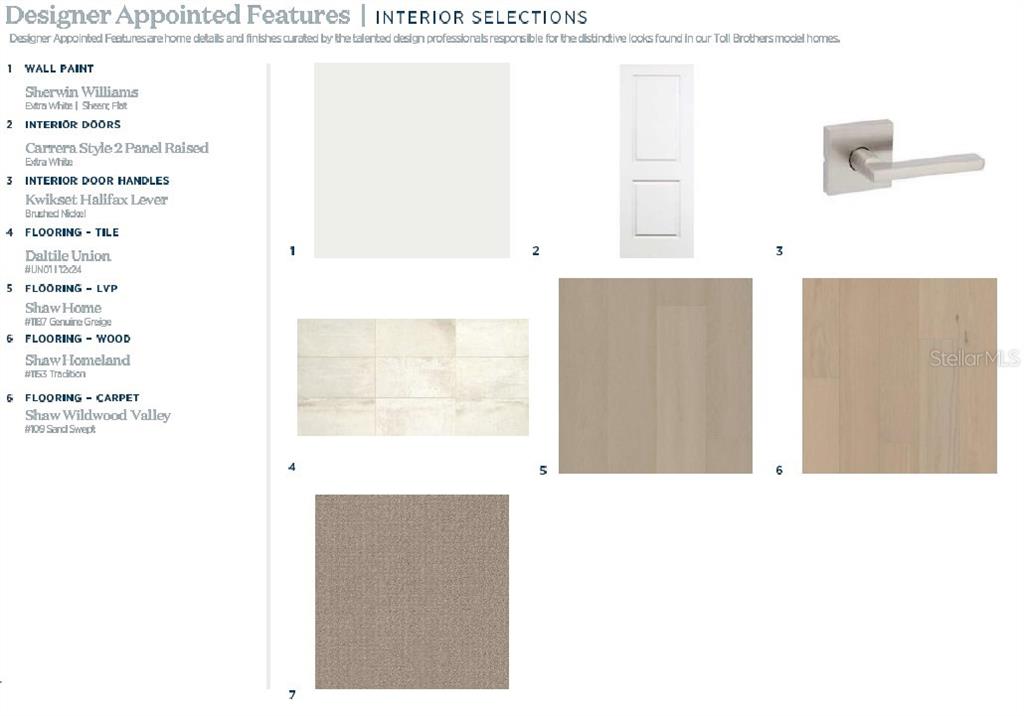 This image displays a design board showing interior paint, door, hardware, and flooring finish selections — 1527 RIDGEBACK LANE, APOPKA, FL