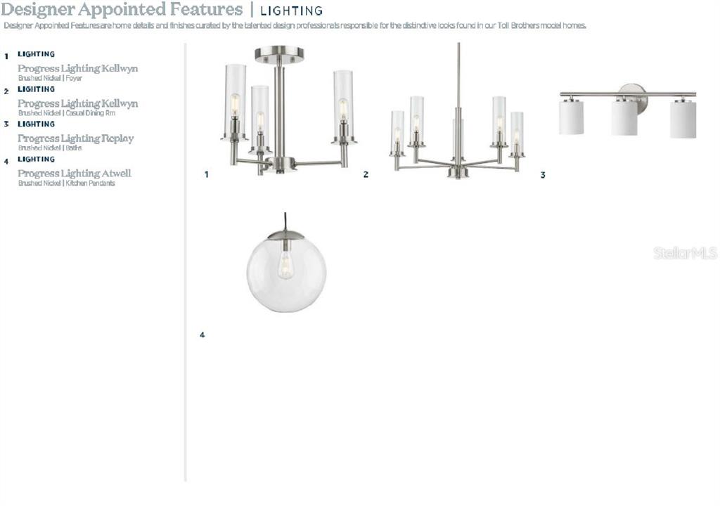 This image displays a catalog of four brushed nickel lighting fixtures for a home — 1527 RIDGEBACK LANE, APOPKA, FL