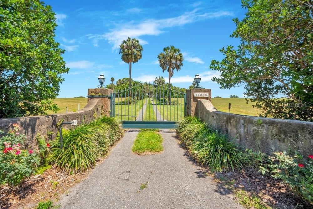 A gated driveway leads through a stone entrance toward a distant house and palm trees — 14365 SE HIGHWAY 42, WEIRSDALE, FL