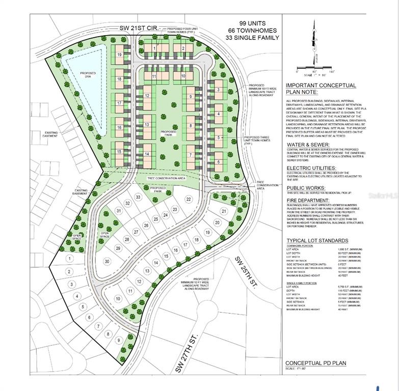 This is a conceptual site plan for a residential development with townhomes and single-family lots — TBD SW 20TH PLACE, OCALA, FL