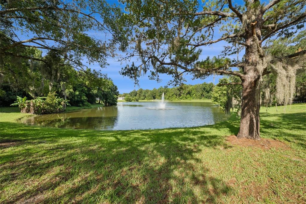 A grassy lawn leads to a pond with a fountain, framed by large mossy trees — 498 GREEN SPRING CIR, WINTER SPRINGS, FL