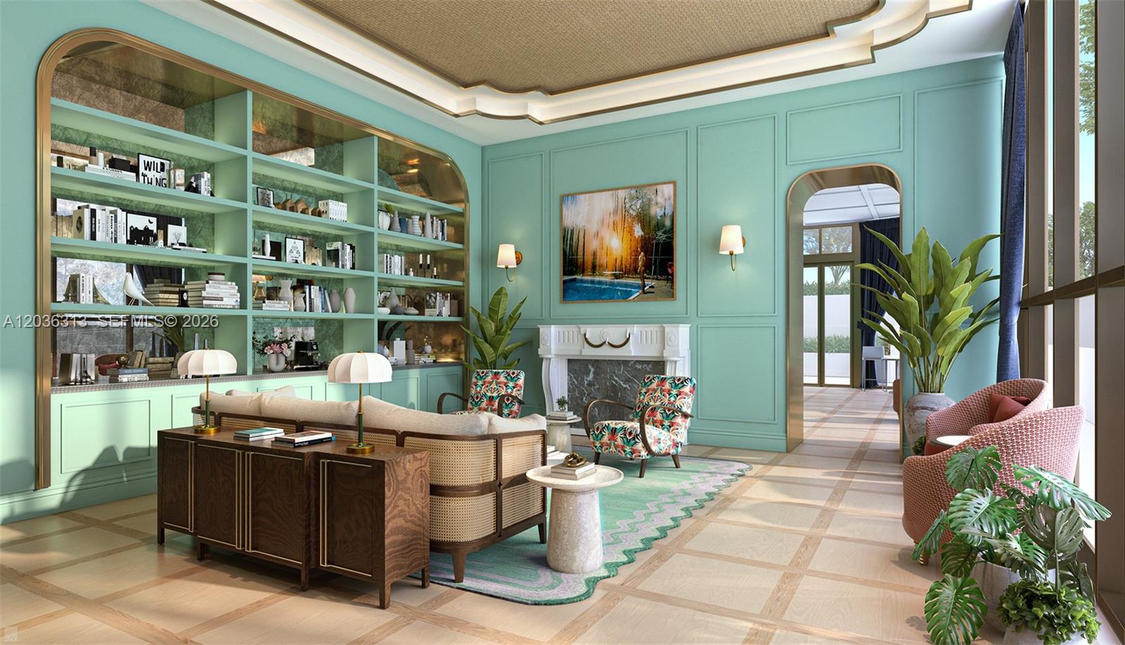 This rendering shows a teal-walled living room with built-in shelving, a fireplace, and patterned furniture — 2700 NW 2nd Av # 822, Miami FL 33127, MIAMI, FL