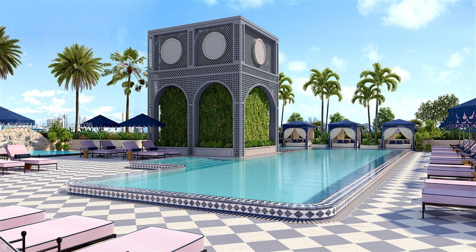 This rendering shows a luxury rooftop swimming pool area with cabanas and checkered tile flooring — 2700 NW 2nd Av # 822, Miami FL 33127, MIAMI, FL