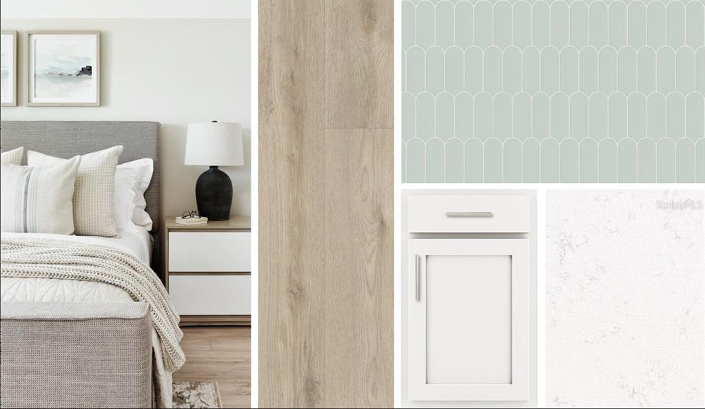 This design board displays a bedroom interior, light wood flooring, sage green tiles, and cabinetry — 7558 DEER VALLEY CIRCLE, TAMPA, FL