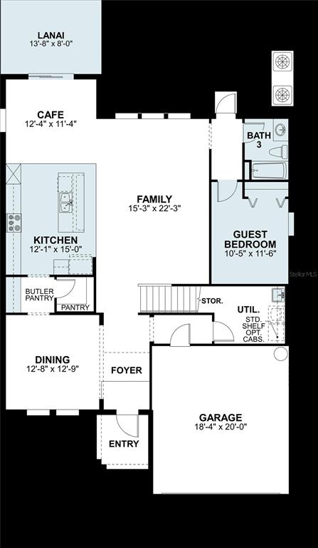 This is a floor plan of a home's first level featuring a garage and lanai — 3069 AUTUMN ROCK DRIVE, ZEPHYRHILLS, FL