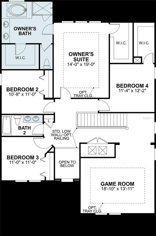 This is a floor plan of a residential second story featuring four bedrooms and a game room — 3069 AUTUMN ROCK DRIVE, ZEPHYRHILLS, FL