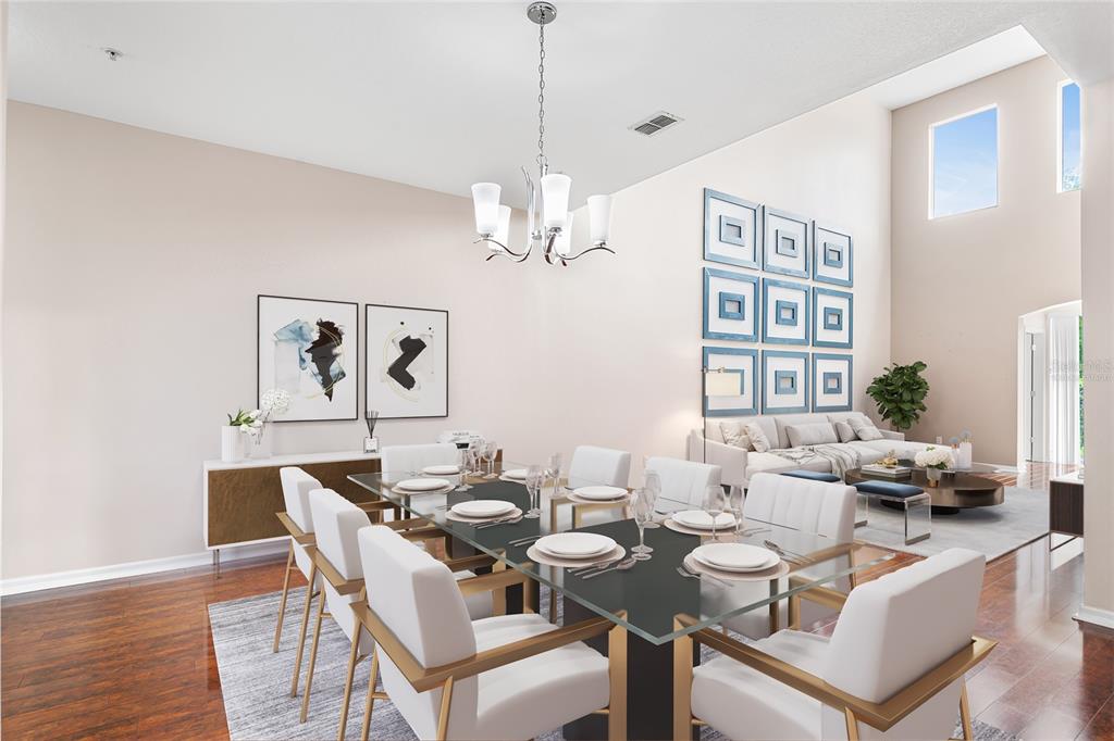This is a digital rendering of a dining room featuring a glass table and chandelier — 10077 MOORSHIRE CIRCLE, ORLANDO, FL