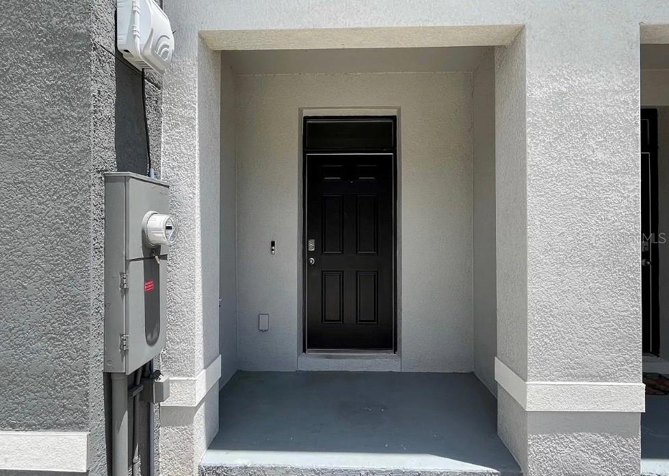 A black front door is recessed within a covered entryway featuring gray concrete flooring — 32867 PEZ LANDING LANE, WESLEY CHAPEL, FL