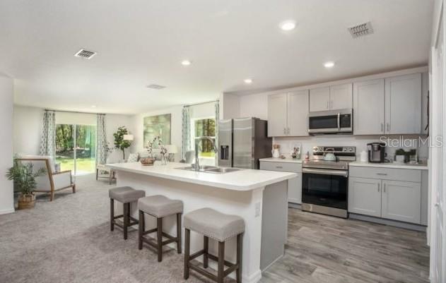 A kitchen with light gray cabinets and a center island overlooks a carpeted living area — 10072 N CONRAD POINT, CITRUS SPRINGS, FL