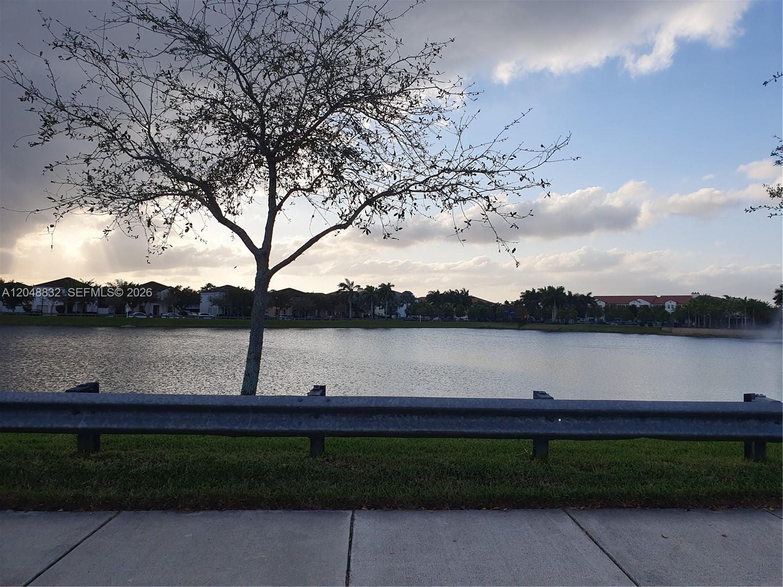 A bare tree stands beside a lake behind a metal guardrail under a cloudy sky — 9171 SW 169th PL # 0, Miami FL 33196, MIAMI, FL