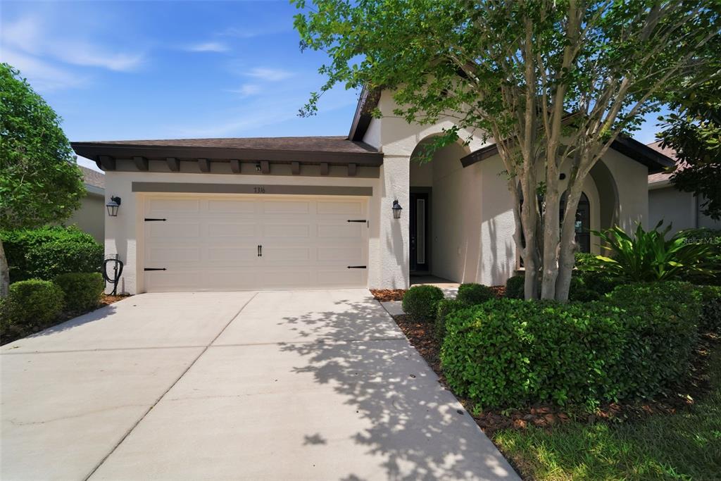A single-story house with a beige stucco exterior, a two-car garage, and manicured landscaping — 7316 HERMES COURT, APOLLO BEACH, FL
