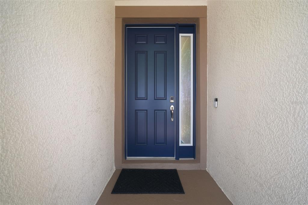 A blue front door with a side window is set within a textured stucco entryway — 7316 HERMES COURT, APOLLO BEACH, FL