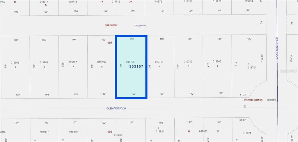 This is a plat map showing a highlighted rectangular parcel of land — OLEANDER DRIVE, INDIAN LAKE ESTATES, FL