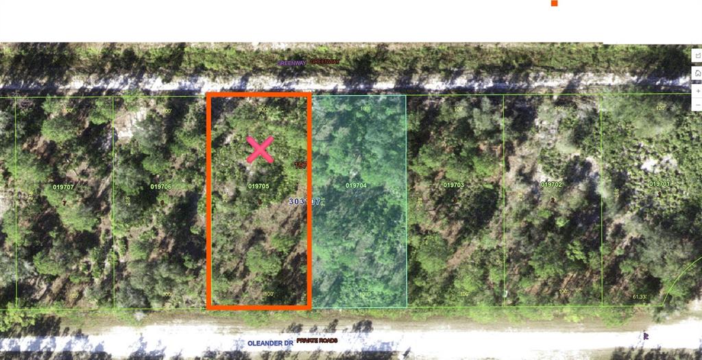 This is a map showing a rectangular plot of land highlighted in orange — OLEANDER DRIVE, INDIAN LAKE ESTATES, FL