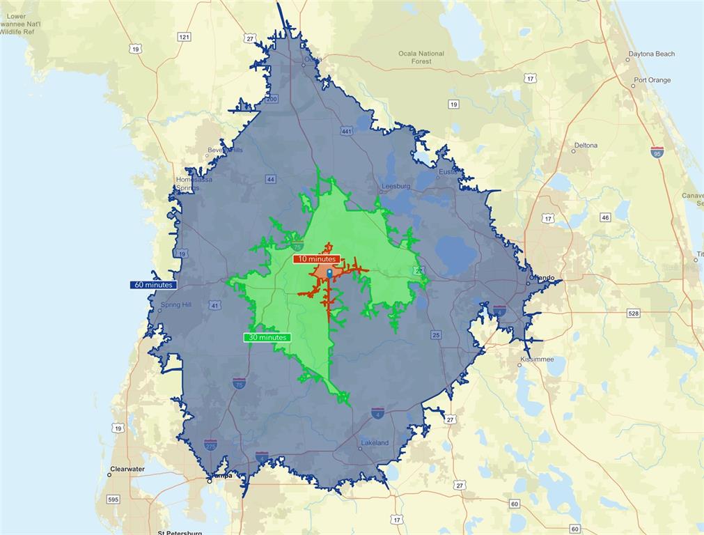 This map displays travel time zones from a central point in central Florida — 13921 SR 471, WEBSTER, FL