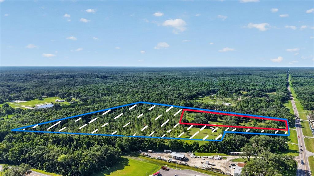 An aerial view shows a wooded parcel of land outlined in blue and red — 13921 SR 471, WEBSTER, FL