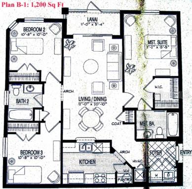 This is a floor plan showing the layout of a three-bedroom apartment — 588 BRANTLEY TERRACE WAY UNIT 305, ALTAMONTE SPRINGS, FL