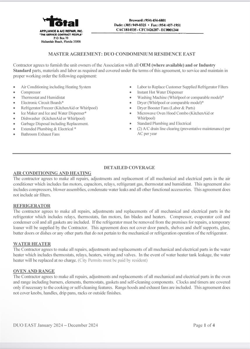 This document is a service agreement contract for Total Appliance & A/C Repair — 1755 E Hallandale Beach Boulevard # 207e, Hallandale Beach FL 33009, HALLANDALE BEACH, FL