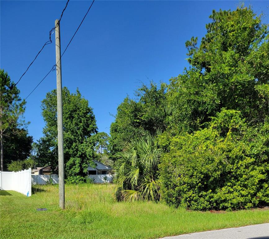 A grassy, partially wooded vacant lot features a utility pole and a white vinyl fence — 106 ROLLING SANDS DRIVE, PALM COAST, FL