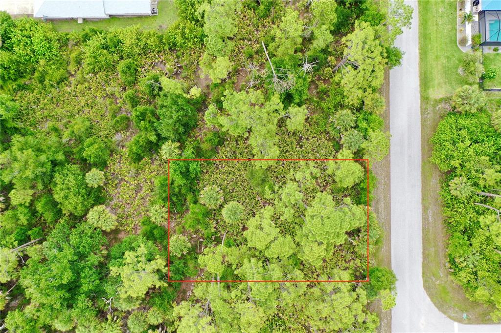 An aerial view shows a rectangular plot of land densely covered with trees and vegetation — 3027 SUDBURY STREET, PORT CHARLOTTE, FL
