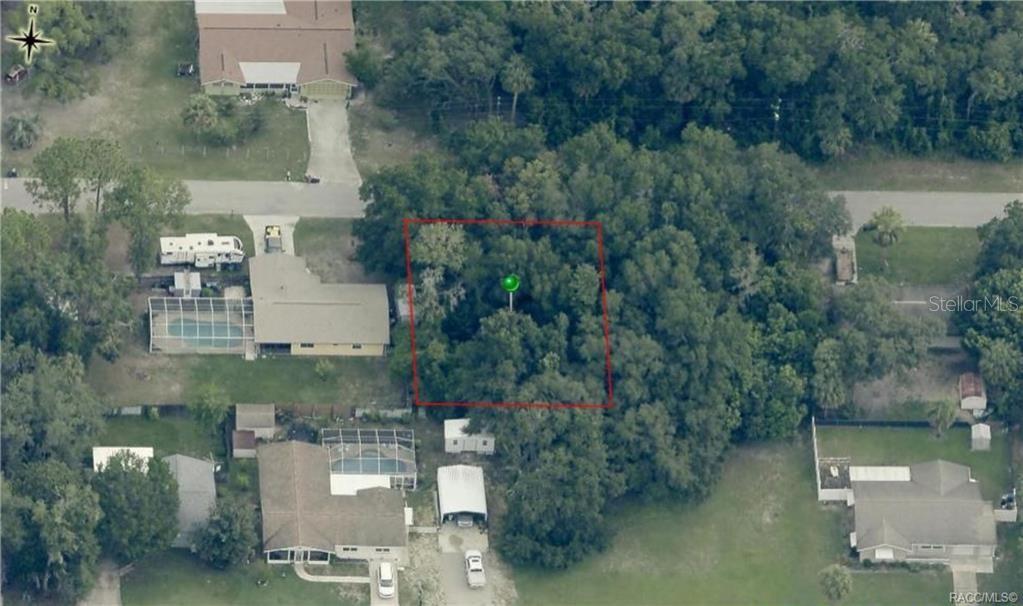 An aerial view shows a rectangular, tree-covered vacant lot outlined in red — 1124 NE 1ST TERRACE, CRYSTAL RIVER, FL