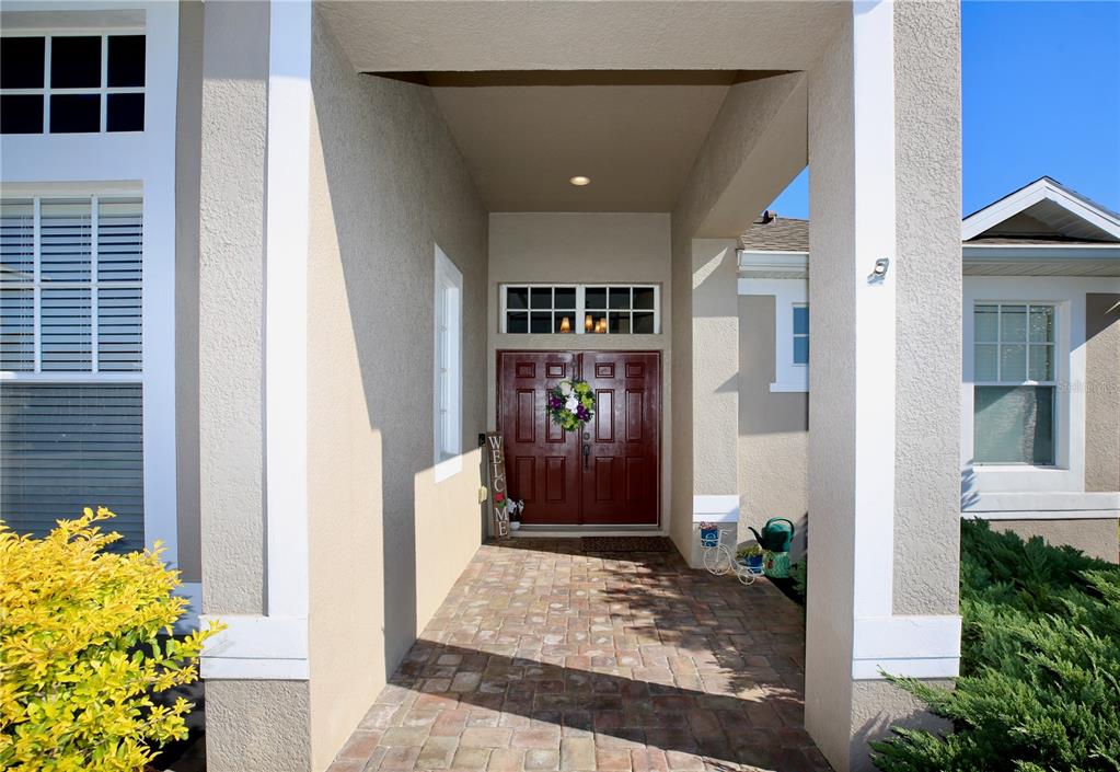 A covered entryway features a brick-paved porch leading to double front doors with a transom — 2410 TEA OLIVE TERRACE, VALRICO, FL