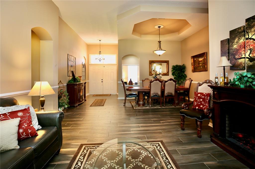 A living and dining area with wood-look tile flooring, a fireplace, and a tray ceiling — 2410 TEA OLIVE TERRACE, VALRICO, FL