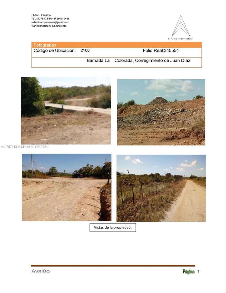 Four photographs show a dirt road, a mound of earth, and open land with fencing — Corr Juan Diaz Anton Republic of Panama, 00 000000, 00