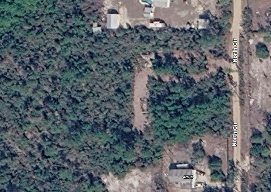 An aerial view shows a wooded lot with a driveway and two small buildings — 0 NORTH CIRCLE E, PAISLEY, FL
