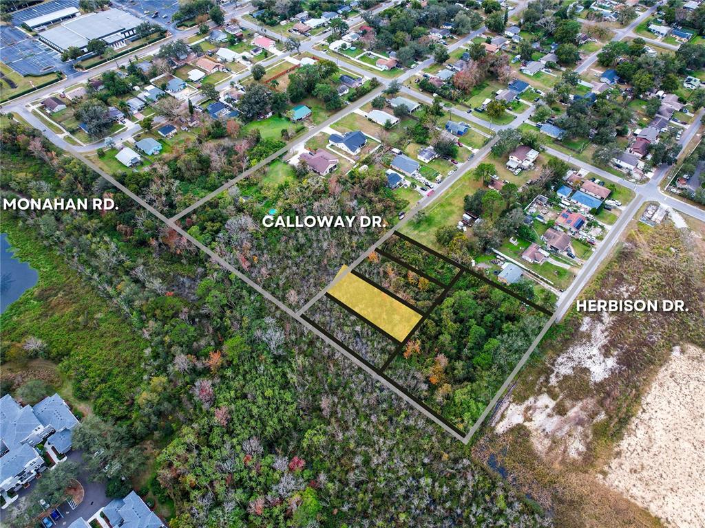 An aerial view shows a highlighted plot of land surrounded by trees and residential streets — 2207 CALLOWAY DRIVE, ORLANDO, FL
