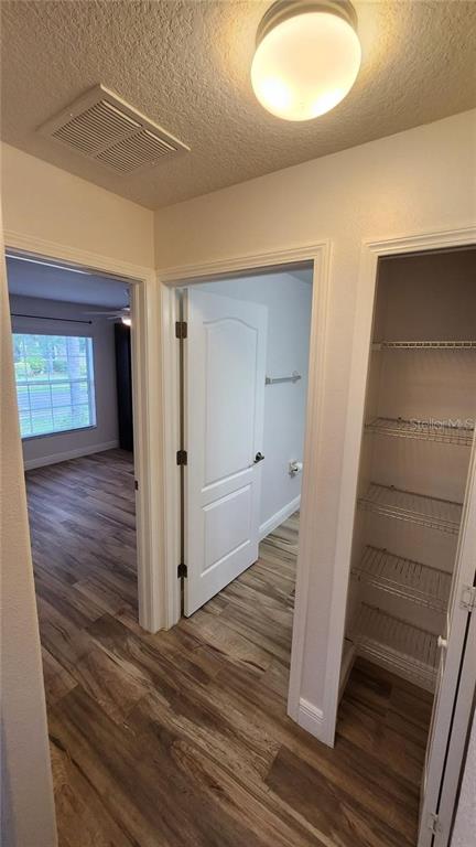A hallway with wood-look flooring leads to a bedroom, a bathroom, and a wire-shelved closet — 11404 HOLMBRIDGE LANE, RIVERVIEW, FL