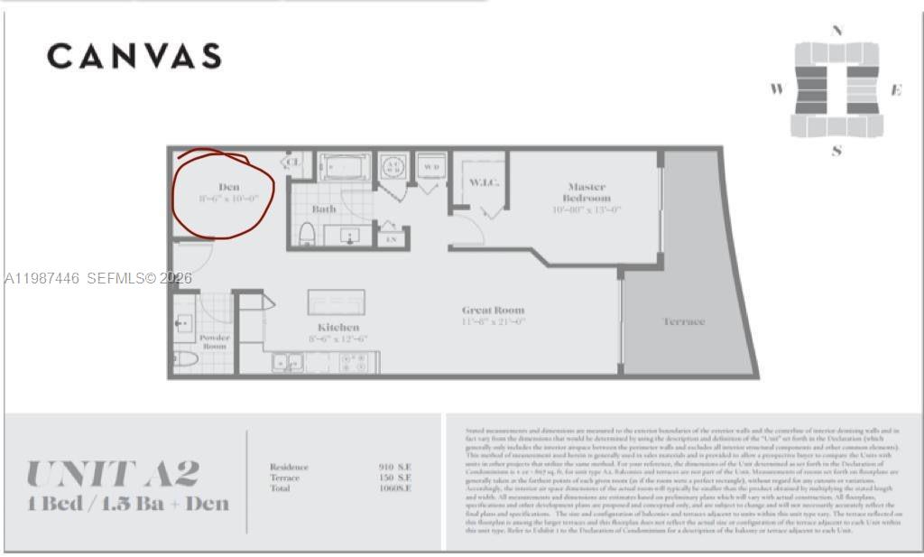 This floor plan shows a one-bedroom apartment layout with a den, kitchen, and terrace — 1600 NE 1st Ave # 1715, Miami FL 33132, MIAMI, FL