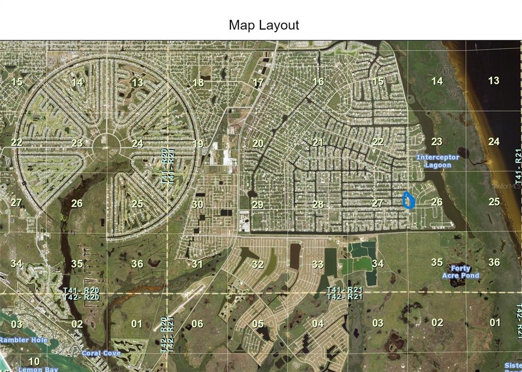 This is a map layout showing a residential area with numbered sections and water features — 10494 ABELLO ROAD, PORT CHARLOTTE, FL