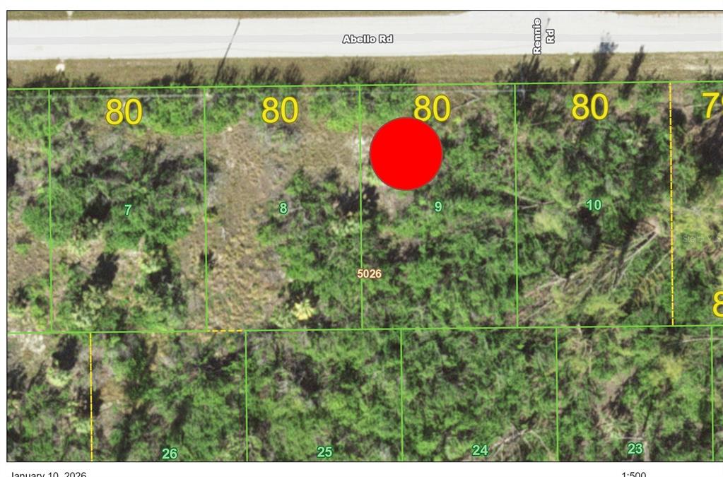 This is a map showing a vacant residential lot highlighted with a red circle — 10494 ABELLO ROAD, PORT CHARLOTTE, FL