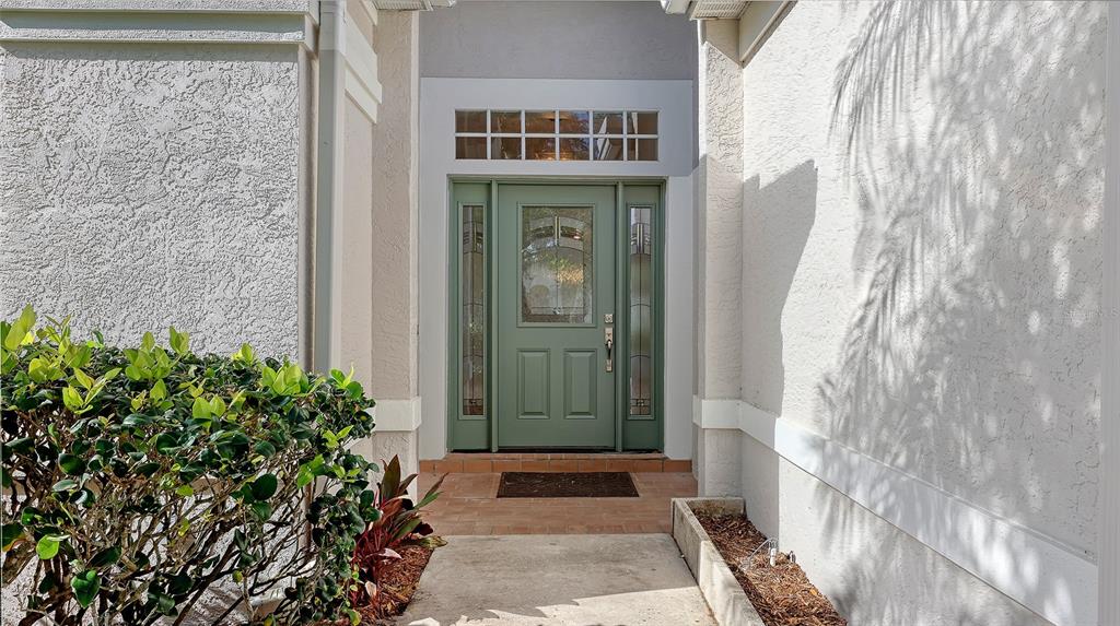 A sage green front door with glass panels is centered between two sidelights and a transom — 6716 SPRING MOSS PLACE, LAKEWOOD RANCH, FL
