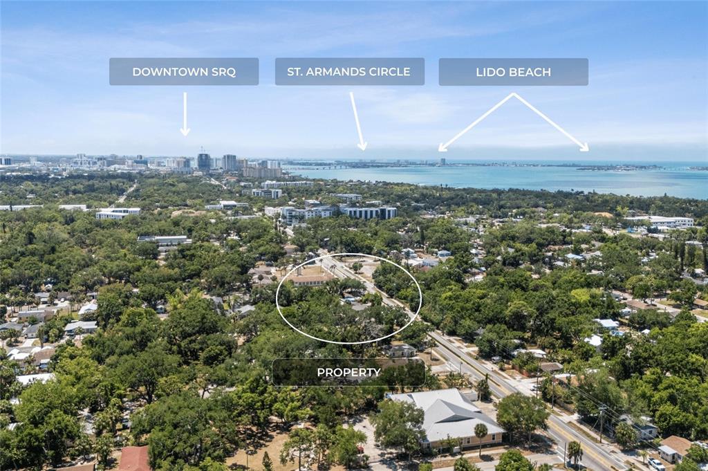 An aerial view shows a wooded property lot with surrounding residential areas and distant cityscapes — 1207 34TH STREET, SARASOTA, FL