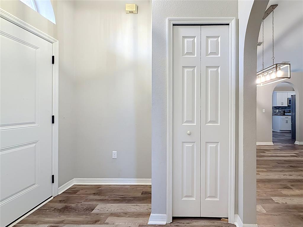 A hallway features wood-look flooring, a white door, a bi-fold closet, and an arched entryway — 31806 PARKDALE DRIVE, LEESBURG, FL